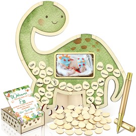 Wenqik 63 Pcs Dinosaur Baby Shower Guest Book Alternatives Set Baby Shower Decorations with Photo Frame Sonogram Frame Keepsake 60 Wood Slices Guest Book for Birthday