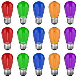VISTERLITE S14 Colored LED String Light Bulbs, 15 Pack 1 Watt Plastic Shatterproof LED Replacement Bulbs for Indoor Outdoor String Light, E26 Medium Base, Multi-Color: Red/Green/Blue/Purple/Orange
