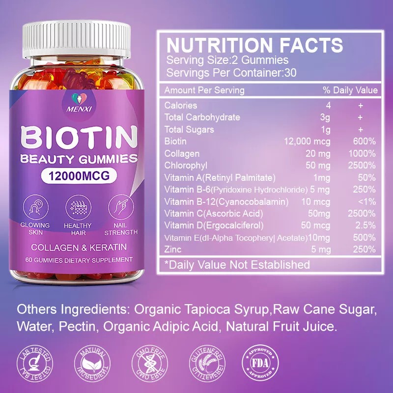 Organic Biotin Collagen Gummies Hair Skin Nails Joints Vitamins Immune