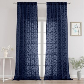 Chyhomenyc Extra Long Navy Blue Sheer Curtains 120 Inch Length 2 Panels Set, Light Filtering Tufted Textured Soft Airy Rod Pocket Gentle Leaf Window Treatment Drapes for Living Room, 52"Wx120"L, 2PCS