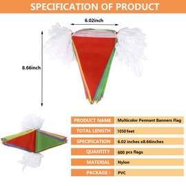 EDATOFLY 1050ft/320M Bunting Banner, Multicolor Pennant Bunting with 600 Pcs Triangle flags Party Banner for Wedding Festival Birthday Party Garden Indoor Outdoor Decorations
