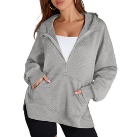 LOMON Oversized Sweatshirts for Women Long Sleeve Textured Plain Basic Hoodies Trendy Fall Fashion Clothes 2024 Grey Large