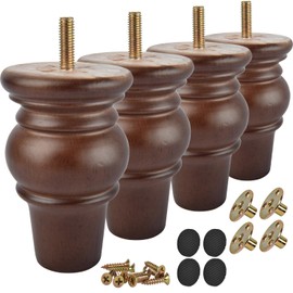 4 Inch Wooden Furniture Legs,Tchosuz Solid Bun Feet with M8 5/16 inch Bolt,Modern Mid-Century Carved Sofa Couch Feet Furniture Replacement Legs for DIY Cabinet Cupboard Chair Ottoman Set of 4 Walnut