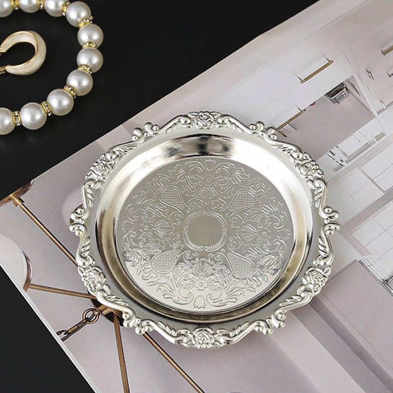 Vintage Trinket Dish Tray Holder, Embossed Design, Silver Tone