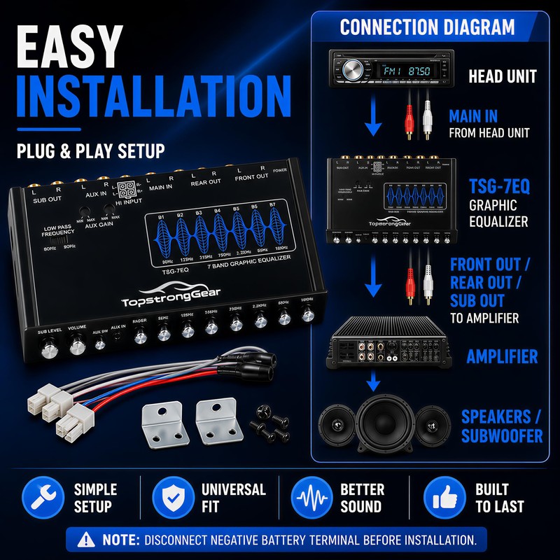 TOPSTRONGGEAR TSG7EQ 7-Band Car Audio Graphic Equalizer with Front 3.5mm