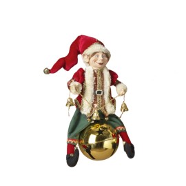 Gerson 16in Red Jacket Fabric Holiday Elf on Jingle Bell Novelty Decor