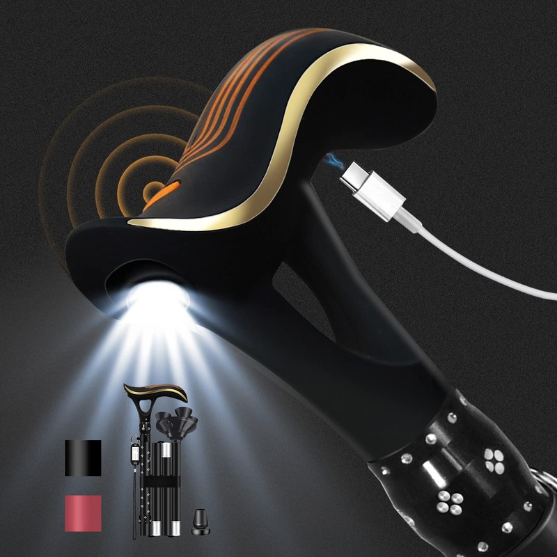 ispuoocti折りたたみ杖ステッキ-スマート警報LED杖 男性用と女性用-軽量老人介護 杖-5段階高さ調整伸縮式自立杖、旅行袋付き (黒)