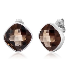 Gem Stone King 925 Sterling Silver Smokey Quartz Stud Earrings For Women Men (12.00 Cttw, Gemstone. Cushion 12MM)