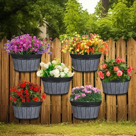 Layhit 6 Pcs Wall Hanging Planters Outdoor Pot Planter Wine Barrel Planter Distressed Oak Thickened Plastic Water Storage Flower Pots for Flower Indoor Outdoor(10 Inches,Black)
