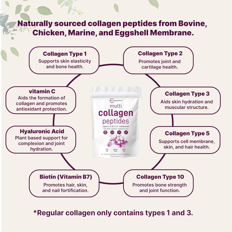 Micro Ingredients Multi Collagen Peptides Powder, 40 Stick Packs |