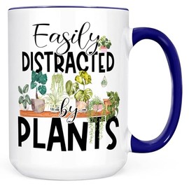 Sweet & Salty Plant Mug, Easily Distracted By Plants, Cool Gifts for Plant Lovers, Plant Lady Gifts for Women, Unique Gifts for the Gardener, Gardening Cups 15oz White/Dark Blue