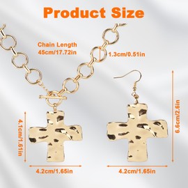 Gold Chunky Cross Necklace & Earrings, Vintage Statement Necklace with Large Hammered Cross Dangle Earrings Faith Chain Jewelry Set for Women