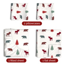 Christmas Sheets Cal King - 4 Piece Deep Pocket - Christmas Sheet Set - Soft Wrinkle Free - Winter Holiday Sheets - Women Men Kids Teens - Winter Bed Sheets - Holiday Trees, Soothing Woodland Animals