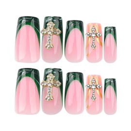 MISUD Press on Nails Long Square Fake Nails Glossy Glue on Nails Green Ombre French Tip Acrylic Nails Squoval Artificial Nails Cross Rhinestone Stick on False Nails with Design 24 pcs