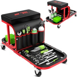 Rolling Shop Stool Chair with Wheels, Mechanic Garage Stool on Wheels, Auto Car Detailing Stools Seat with Tool Tray Storage for Garage Work, Workshop, Home, Garden, DIY, 300 LBS Capacity,Red