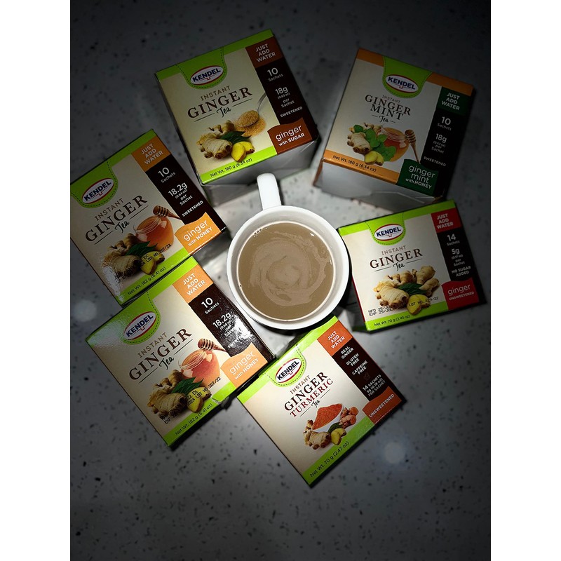 Kendel Instant Ginger Teas (Ginger-Tumeric Unsweetened, 14), Caffeine Free, Soothing