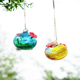 Pack 2 Blown Glass Hummingbird Feeders for Outdoors Small Glass Humming Bird Feeder for Window Hanging Ant and Bee Proof Humming Birds Feeders Decor for Garden Outside