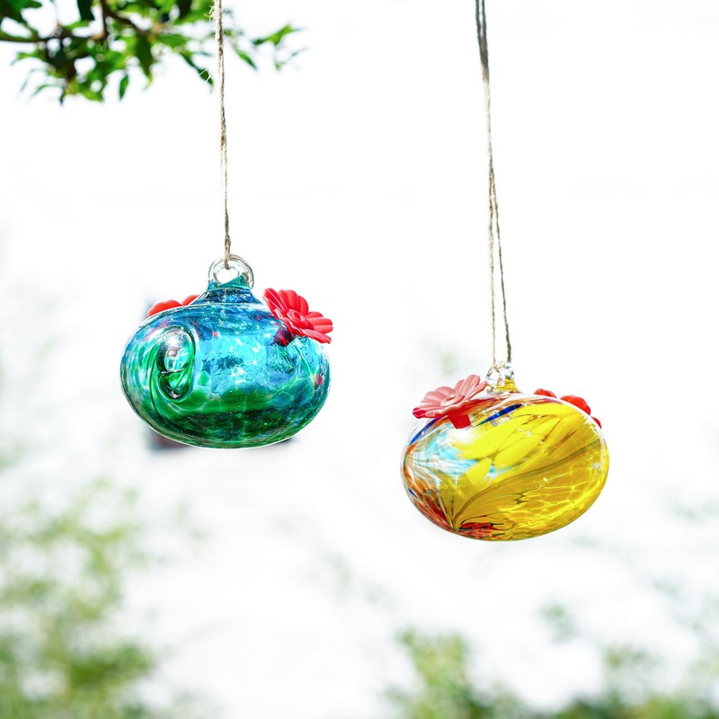 Pack 2 Blown Glass Hummingbird Feeders for Outdoors 3inch Small