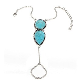 Izpack Boho Turquoise Finger Ring Bracelet for Women Natural Stone Waterdrop Tassel Harness Slave Wrist Hand Chain Bracelets Fashion Ethnic Style Jewelry Gifts