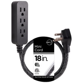 Cordinate Designer Mini 3-Outlet Power Strip, 18 in Braided Extension Cord, Grounded Adapter, Low-Profile Flat Plug, ETL Listed, Black/Dark Heather, 47298