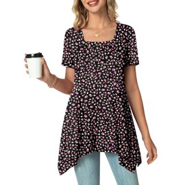 POPYOUNG Ladies Tunic Tops to Wear with Leggings Short Sleeve Floaty Square Neck Blouse Summer Dressy Casual Longline Shirts for Women M, FL Black Floral