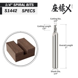 ZahyoX O Flute Upcut Spiral CNC Router Bit, 1/4 Inch Shank Single Flute CNC End Mill, 1/8" Dia x 1/4" CL x 2" OL
