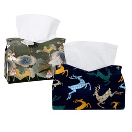 2 Pack Tissue Box Cover Holder, Reindeers Pattern Rectangle Leather Tissue Case, Decorative Organizer for Tabletop, Bathroom, Car, Office