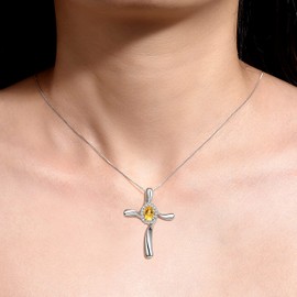 Diamond & Citrine Cross Pendant Necklace Set In Sterling Silver .925 with 18" Chain