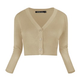 Urban CoCo Women's Cropped Cardigan V-Neck Button Down Knitted Sweater 3/4 Sleeve (Camel, XL)