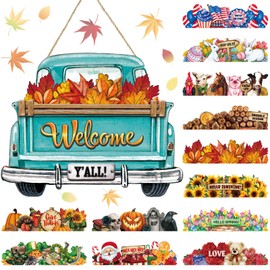 Beeveer 13 Pcs Interchangeable Welcome Sign Blue Truck Decor Hanging Sign Farmhouse Seasonal Welcome Signs Rustic Interchangeable Holiday Decor with 12 Holiday Icons for Spring Summer Xmas