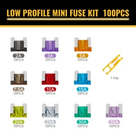Mehdingna 100 Pcs Low Profile Mini Fuse Kit - Professional Blade Fuses Automotive for Car, Truck, RV, Boat with Fuse Puller (2A 3A 5A 7.5A 10A 15A 20A 25A 30A 35A)