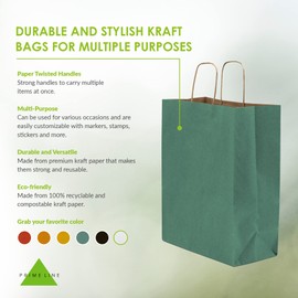 Prime Line Packaging 10x5x13 50 Pack Green Gift Bags with Handles, Medium Christmas Gift Bags, Kraft Paper Bags for Boutiques, Small Business, Retail