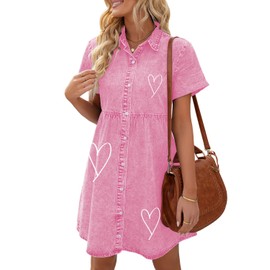 LookbookStore Pink Dresses for Women Valentine's Day Dress Pink Heart Love Print Dress Valentines Day 2024 Summer Short Sleeves Pink Dress Casual Women Babydoll Jean Dress Size XL