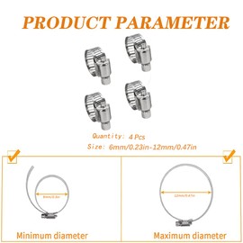 4 Pcs Hose Clips, Worm Drive Pipes Hose Clamps, Adjustable 6-12mm Range Stainless Steel Hose Clip, Rust Resistant Duct Clamp for Securing Hoses and Pipes Tube