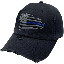 Peerless Embroidery Distressed Blue Line Flag Vintage Buckle Back Hat
