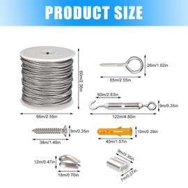 BAIFULAI Wire Rope Stainless Steel Set, 50 m 2 mm Steel Cable, 304 Stainless Steel Wire Rope Tension Wire, Steel Cable Coated with Eyelets, M5 Turnbuckle Rope Tension Set, for Curtain Rope, String