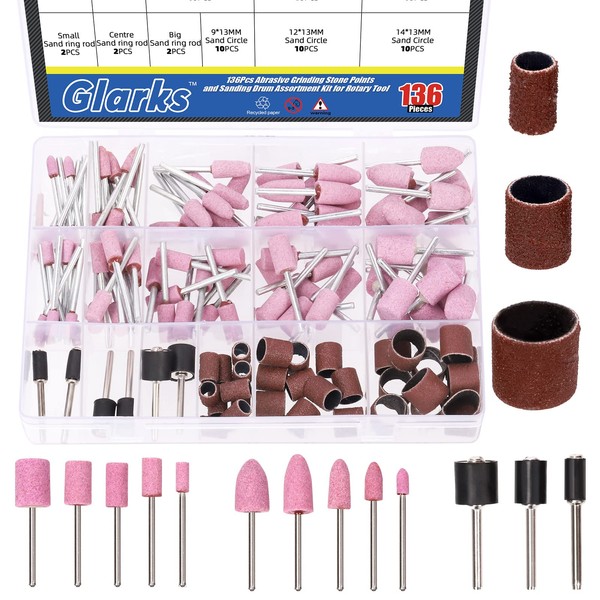 Glarks 136Pcs Abrasive Grinding Stone Points and Sanding Drum Assortment