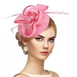 Zinniday 2025 Pink Victoria Derby Fascinator - 1920s 50s Vintage Feather Fascinator Bowler Kentucky Tea Party Hat with Hair Clip for Lady Women Girls Church Cocktail Party and Summer Beach Trip