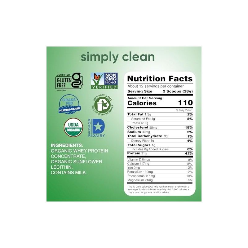 teraswhey Grass Fed Organic Whey Protein, Plain, 12 Ounce