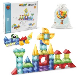 HandyLab Clear Magnetic Building Blocks Toy Set 16 Different Shapes & 9 Colors Build Vehicles, Animals, Figures, Great Gift for Kids Ages 3 & Up Boys Girls Toddlers STEM (92pc)