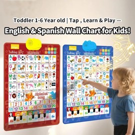 Bilingual Talking Wall Chart for Kids-English &Spanish Learning Poster with Songs, ABCs,Numbers, Animal words & Piano-InteractiveEducational Toy for Toddlers 1-6-No Screen,Battery Powered classroom use:_Bilingual-English Pattern Theme
