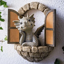 Courtyard Dragon Sculpture Wall Decoration, Weatherproof Resin Statue Miniatures, Beautiful Resin Garden Dragon Statue Art Figures Decor Ornaments for Patio Yard (Style A)