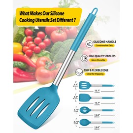 Pack of 4 Silicone Cooking Utensils Set, Non Stick Large Solid Spatulas, Heat Resistant Blue Slotted Spoons, Ideal BPA Free Kitchen Turners for Frying, Mixing,Serving,Draining,Turning,Stirring