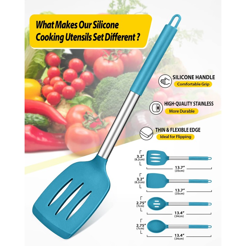 Pack of 4 Silicone Cooking Utensils Set, Non Stick Large