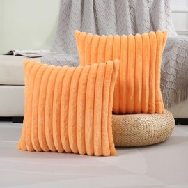 FUTEI Orange Striped Decorative Throw Pillow Covers 12x20 Inch Set of 2,Rectangle Fall Decorations Couch Lumbar Pillowcase,Soft Cozy Faux Rabbit Fur & Velvet Back,Modern Home Decor for Bed