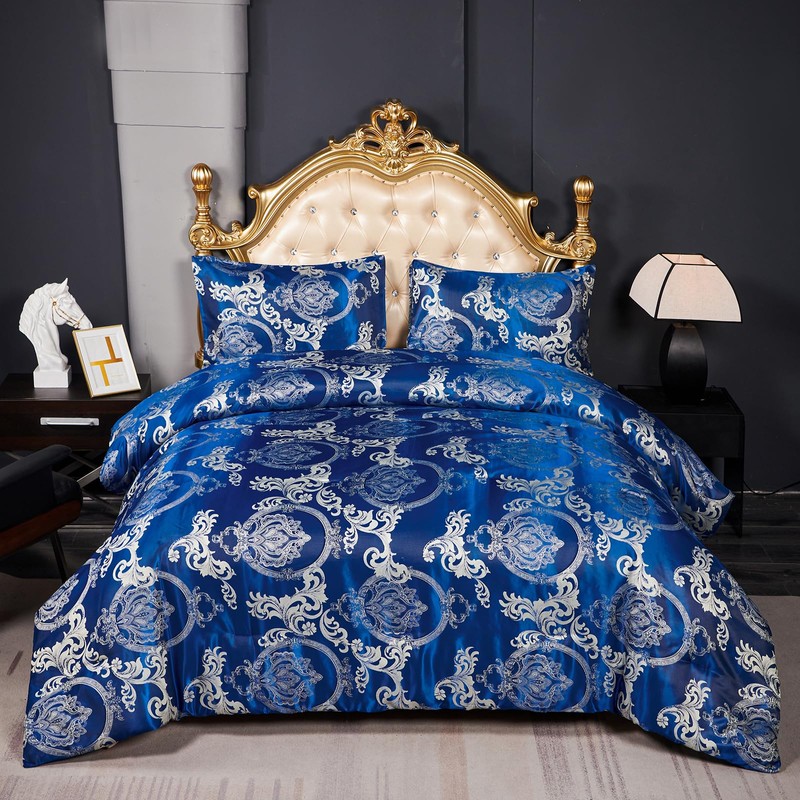 Herside Dark Blue Jacquard Duvet Cover Set Double Bedding Set