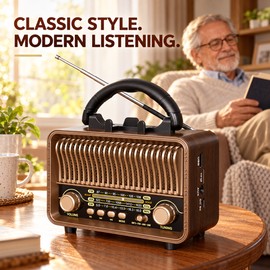 Retro Portable AM/FM/SW Radio with Bluetooth, AUX, TF Card, USB-C Rechargeable Battery and Telescopic Antenna