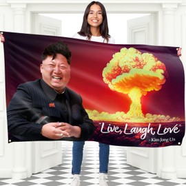 Kim Jong Un Live Laugh Love Flag (5ft x 3ft) – Funny Meme Flag for Bedroom or College Dorm – Nuclear Explosion Backdrop Banner with 4 brass holes – Digital Print - Double Seam