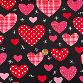 Unbranded Red and Pink Patterned Hearts on Black Valentine's Day Fabric, BTHY