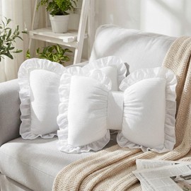 Fiwochic 2 Pcs White Bow Pillow 16 x 13 Inches Decorative Bow Pillows with Lace Side Trim Soft Car Lumbar Backrest Cushion for Bed Sofa Couch Living Room Bedroom Home Decor(Pure)